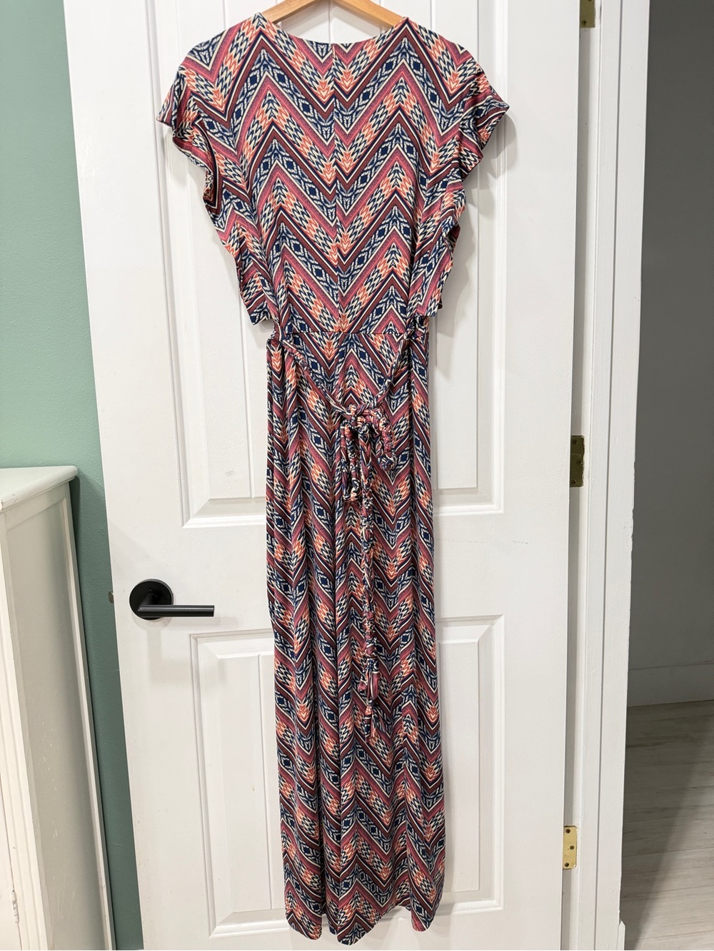 Misa Los Angeles Chevron Print Flutter-Sleeve Maxi Dress in Coral and Navy